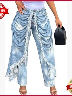 High Waisted Patchwork Stacked Denim Pants Distressed Ruched Baggy Jeans